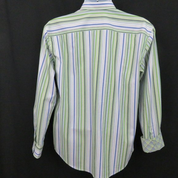 Thomas Dean Blue Green Stripe Flip Cuff Shirt XL - Picture 4 of 8
